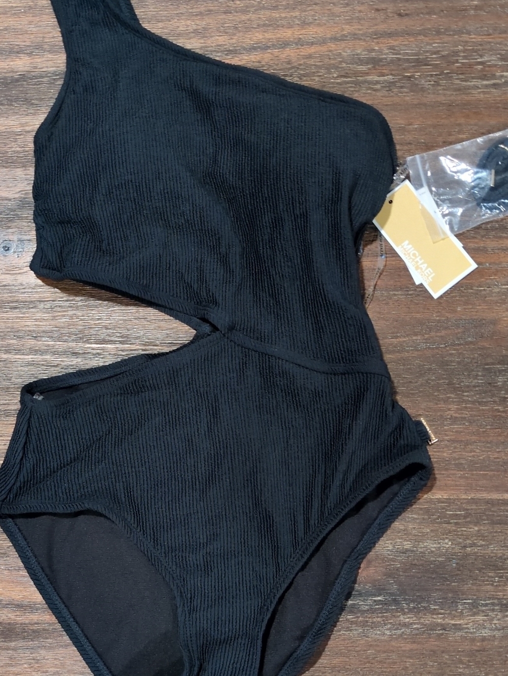 Michael Kors Black Ribbed One-Shoulder Cutout Swimsuit Stretchy Support Cups 6